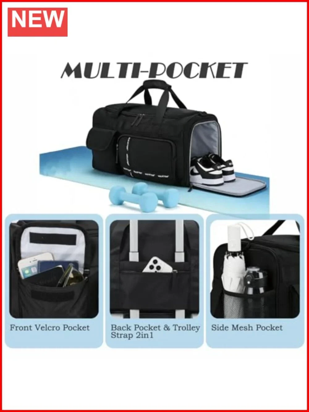 Large Travel Duffle Bag with Shoe Compartment, Nylon Weekender Carry On